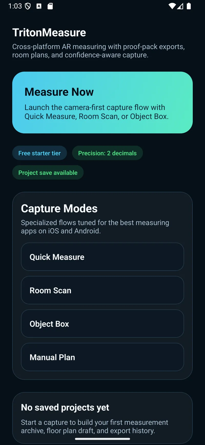 TritonMeasure home screen and measurement modes
